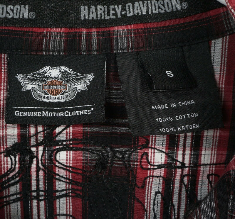 Harley-Davidson Men's Small Winged Skull Red Plaid Sleeveless Cutoff Biker Shirt