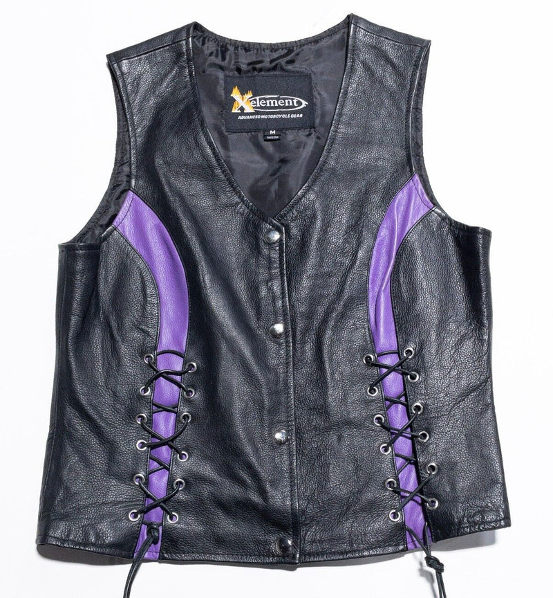 Xelement Leather Vest Women's Medium Motorcycle Lace Front Biker Black Purple