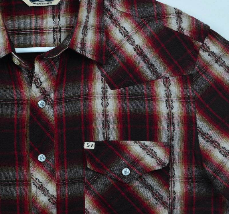 Salt Valley Western Men's Sz Medium Pearl Snap Red Plaid Geometric Flannel Shirt