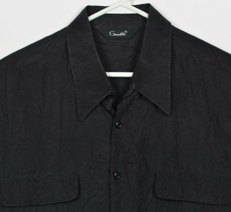 Genelli Men's XL 100% Silk Solid Black Crinkle Pattern Button-Front Shirt