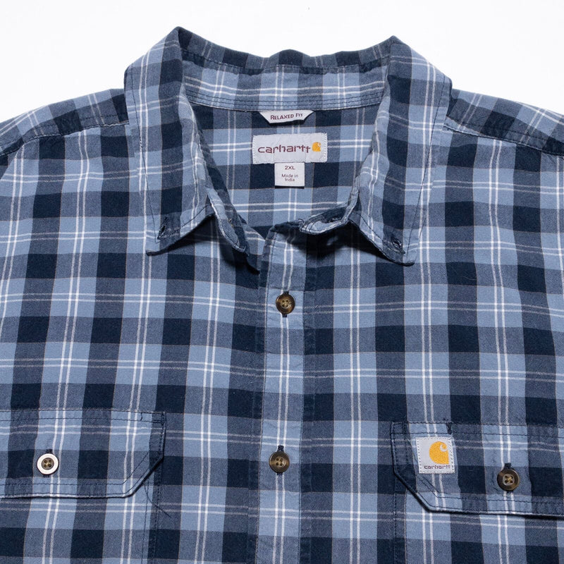 Carhartt Shirt Men's 2XL Button-Down Short Sleeve Blue Plaid Check Fort Shirt