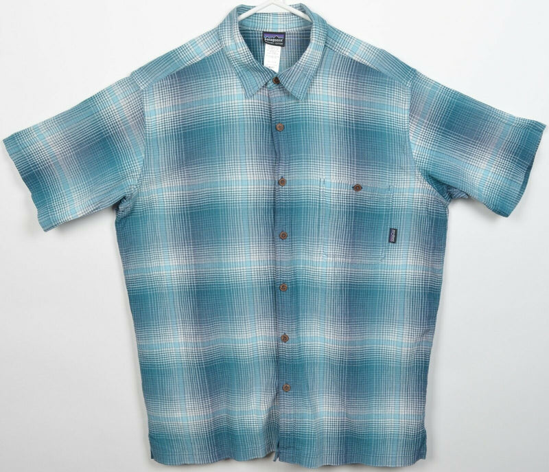 Patagonia Men's Large Blue Turquoise Plaid Button-Front Hot Weather A/C Shirt