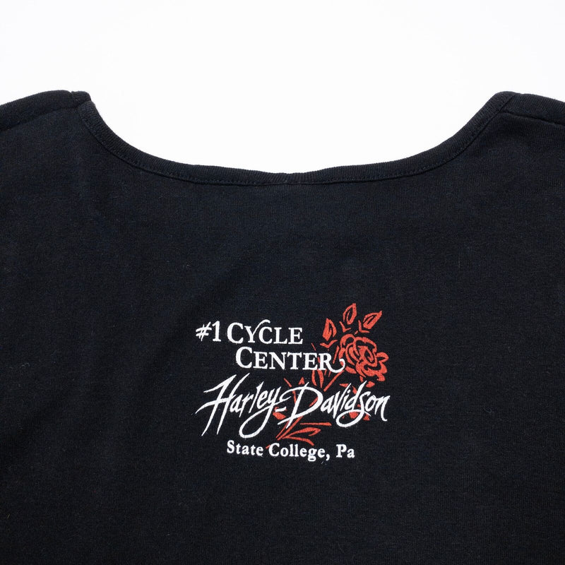 Harley-Davidson Heart T-Shirt Womens Large Y2K Long Sleeve Flame Rose Logo Black