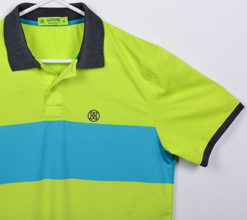 G/Fore Men's Medium Lime Green Blue Striped Polyester Wicking Golf Polo Shirt