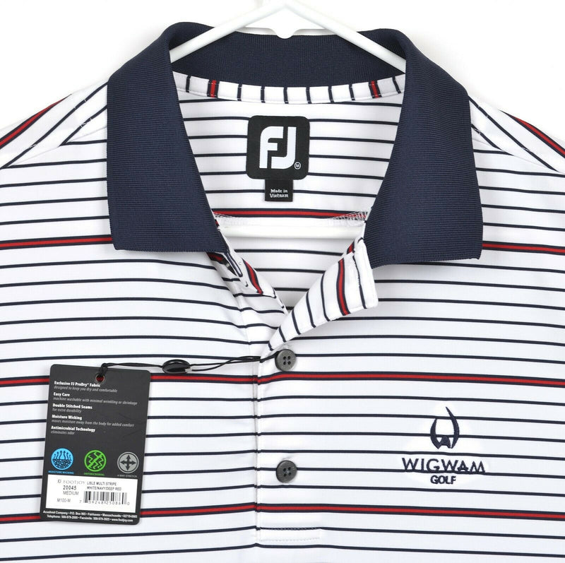 FootJoy Men's Sz Medium White Navy Blue Striped FJ Performance Golf Polo Shirt
