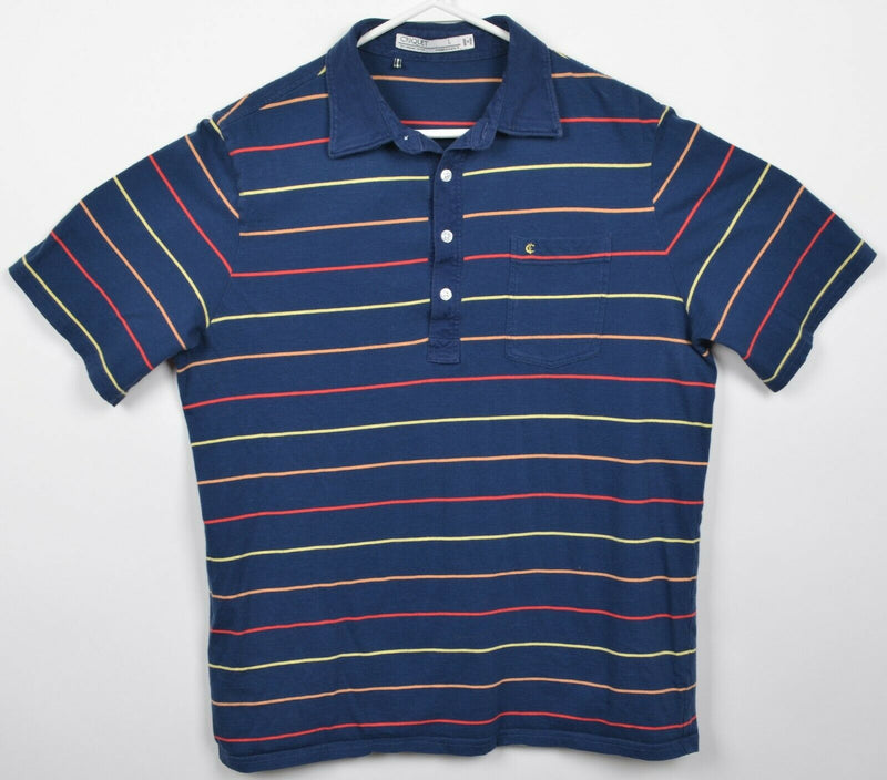 Criquet Men's Large Navy Blue Colorful Striped Short Sleeve Pocket Polo Shirt