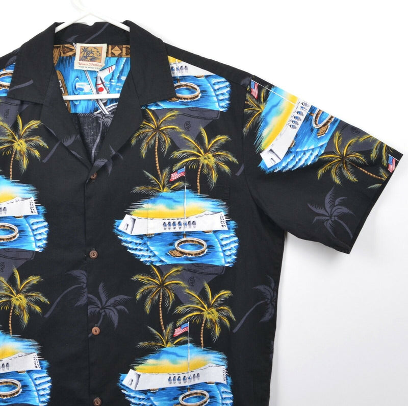 Vtg Pearl Harbor Men's Sz Large WWII Graphic Winnie Fashion Navy Hawaiian Shirt