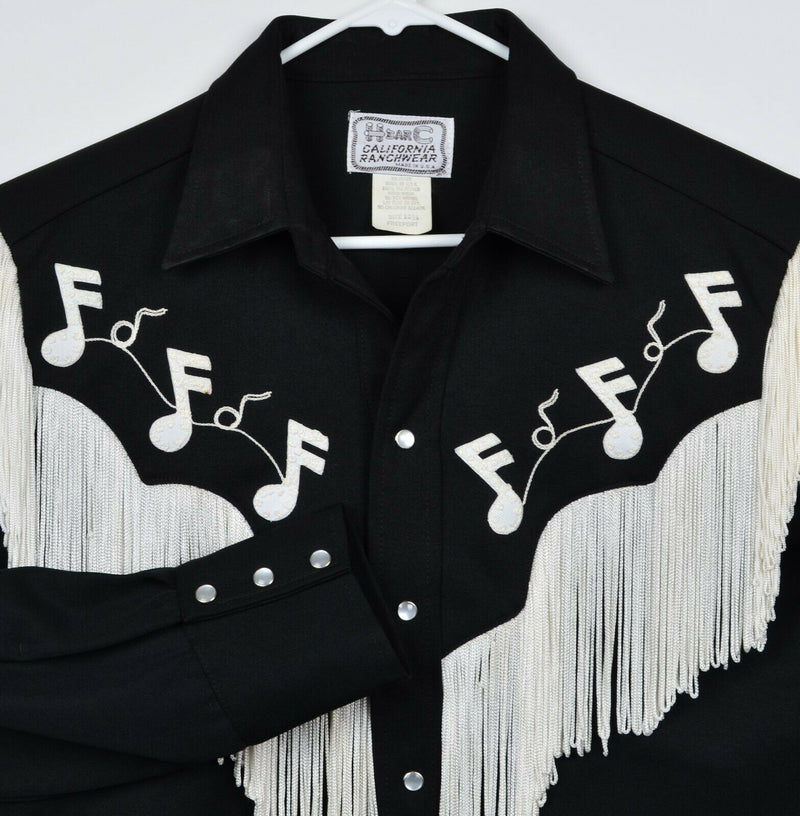Vintage H Bar C Men's Medium Fringe Pearl Snap Musical Notes Western Black Shirt