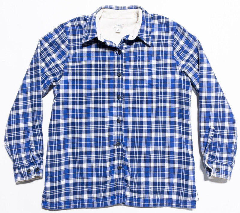 L.L. Bean Fleece Lined Flannel Shirt Women's Medium Blue Plaid Sherpa Button-Up