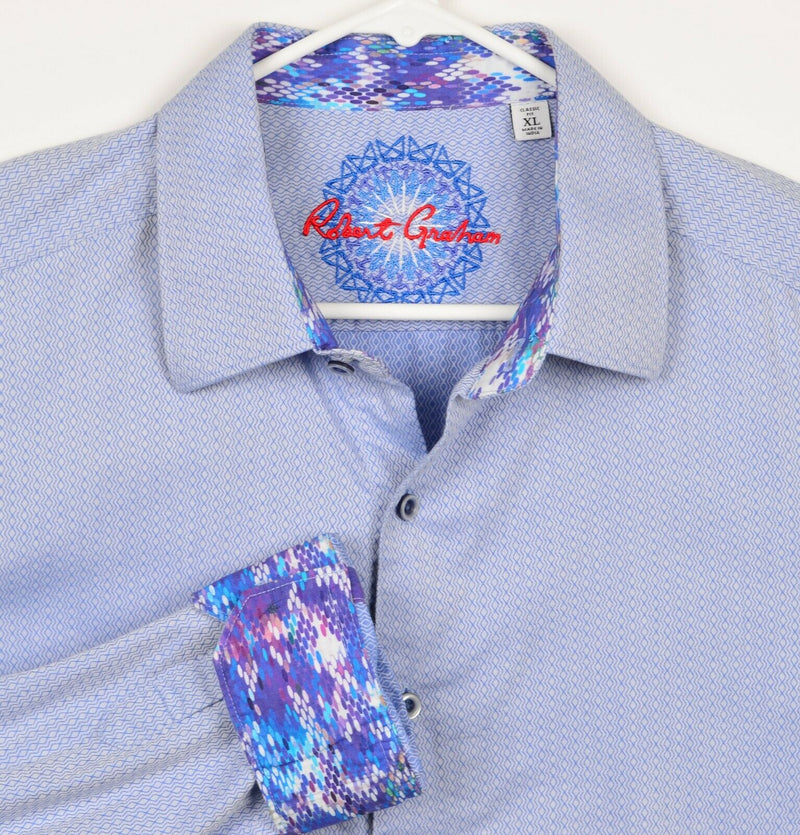 Robert Graham Men's Sz XL Classic Fit Flip Cuff Blue Geometric Long Sleeve Shirt