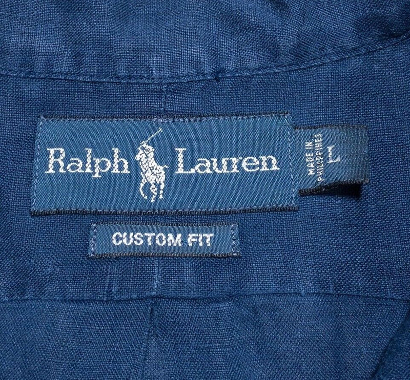 Polo Ralph Lauren Linen Shirt Large Men's Vintage 90s Navy Blue Button-Down Pony