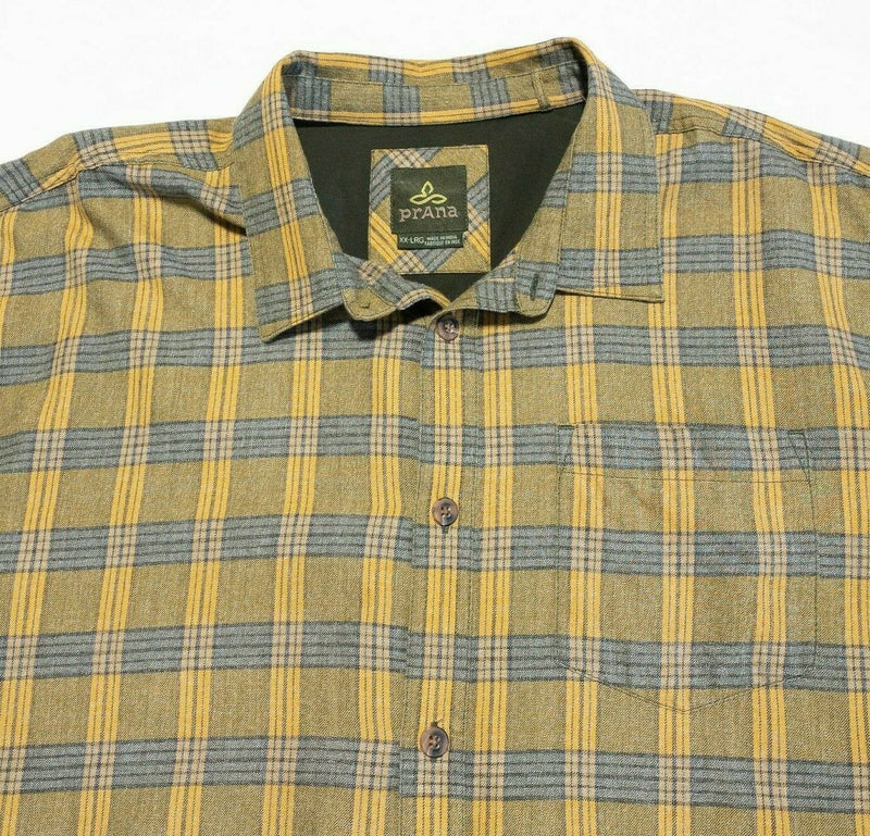 Prana Men's 2XL Organic Cotton Polyester Blend Flannel Shirt Yellow Plaid