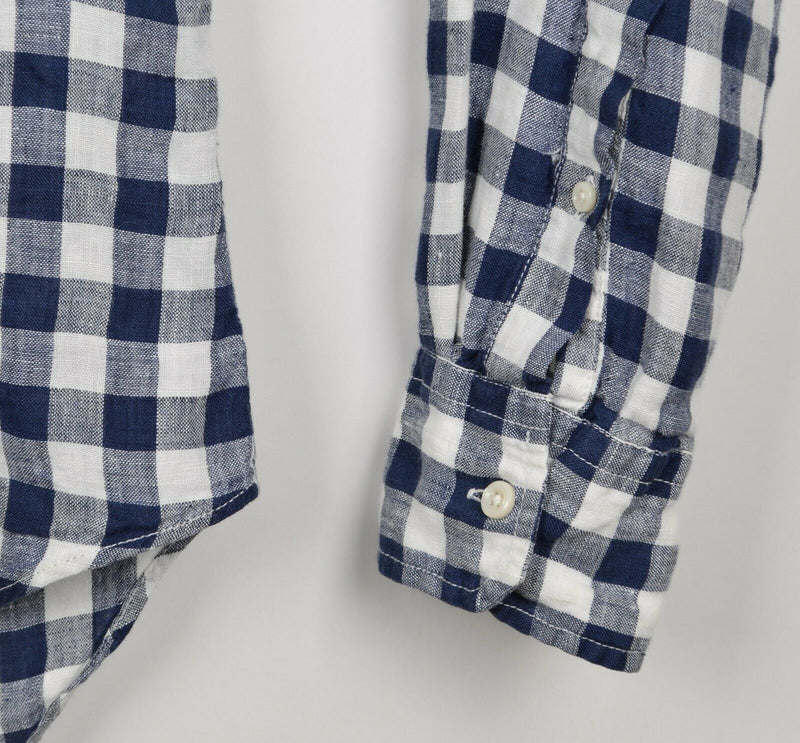 Club Monaco Men's Sz Large Slim Fit 100% Linen Blue White Buffalo Plaid Shirt