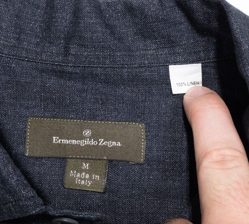Ermenegildo Zegna Linen Shirt Medium Men's Long Sleeve Navy Blue Italy Designer