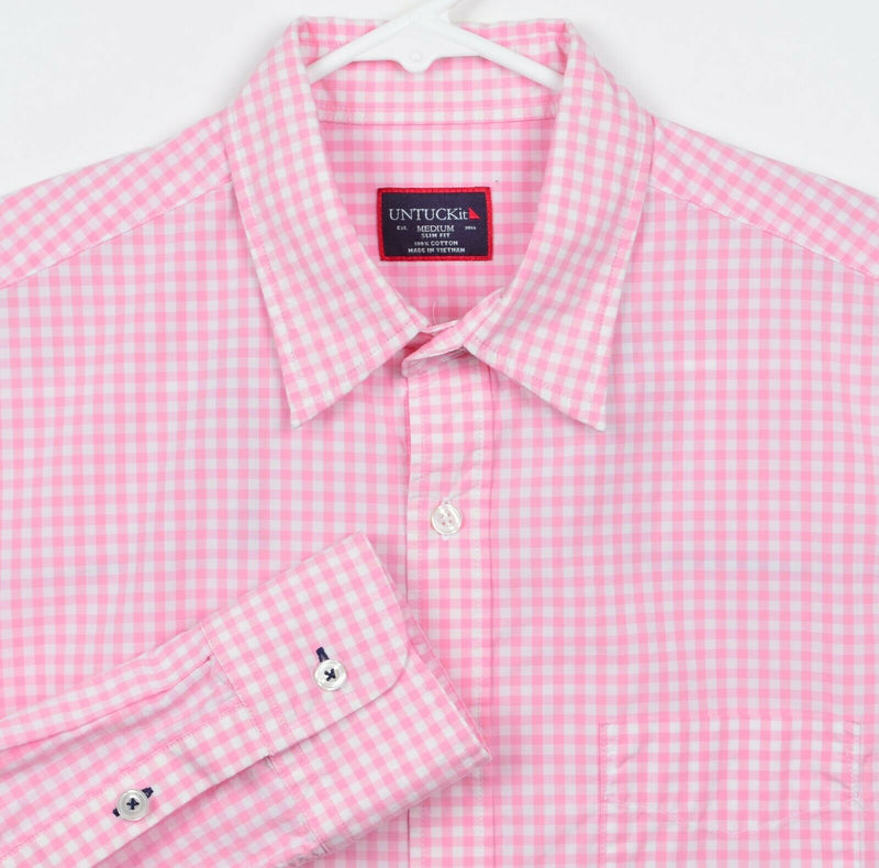 UNTUCKit Men's Sz Medium Slim Fit Pink White Gingham Check Plaid Button Shirt