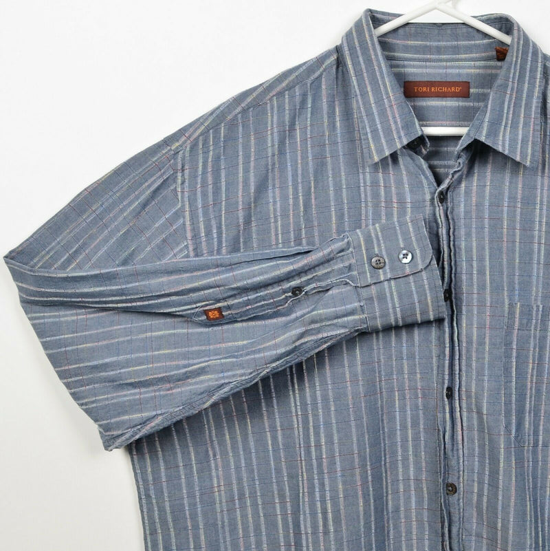 Tori Richard Men's XL Blue Plaid Cotton Spandex Blend Button-Front Shirt