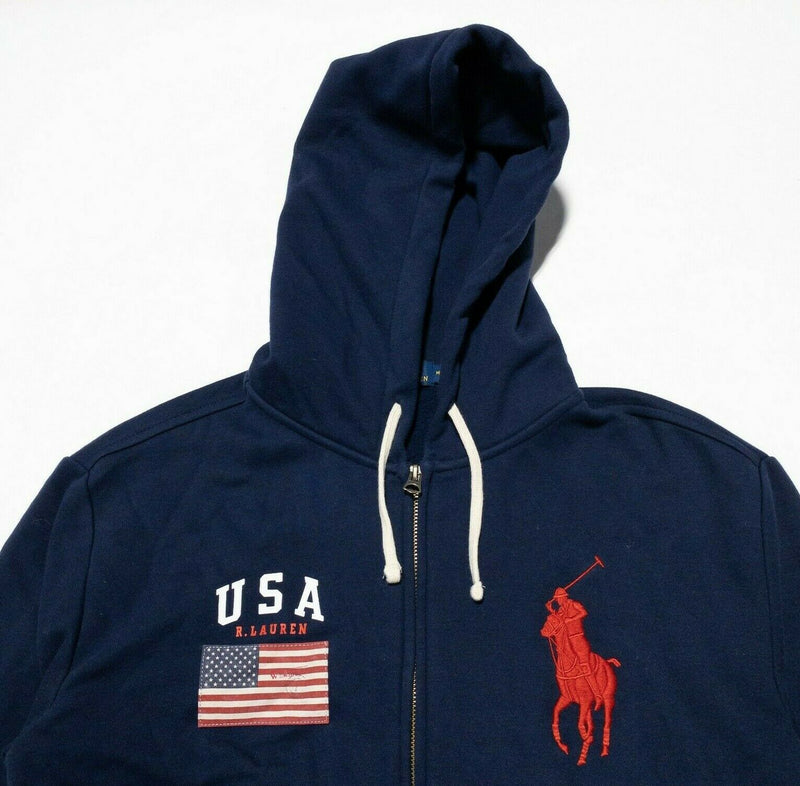 Polo Ralph Lauren USA Hoodie Blue Full Zip Big Pony Flag Men's Medium