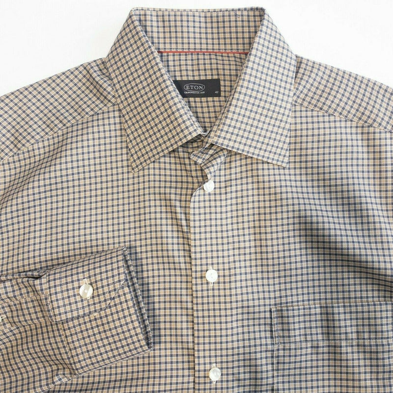 ETON Men's 16.5/42 (Large) Brown Navy Blue Plaid Check Button-Front Dress Shirt