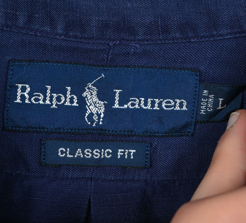 Polo Ralph Lauren Men's Large Classic Linen Silk Blend Navy Button-Down Shirt