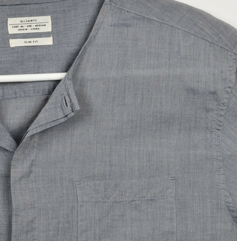 AllSaints Men's Sz Medium Slim Fit Band Collar Gray Reserve LS Shirt
