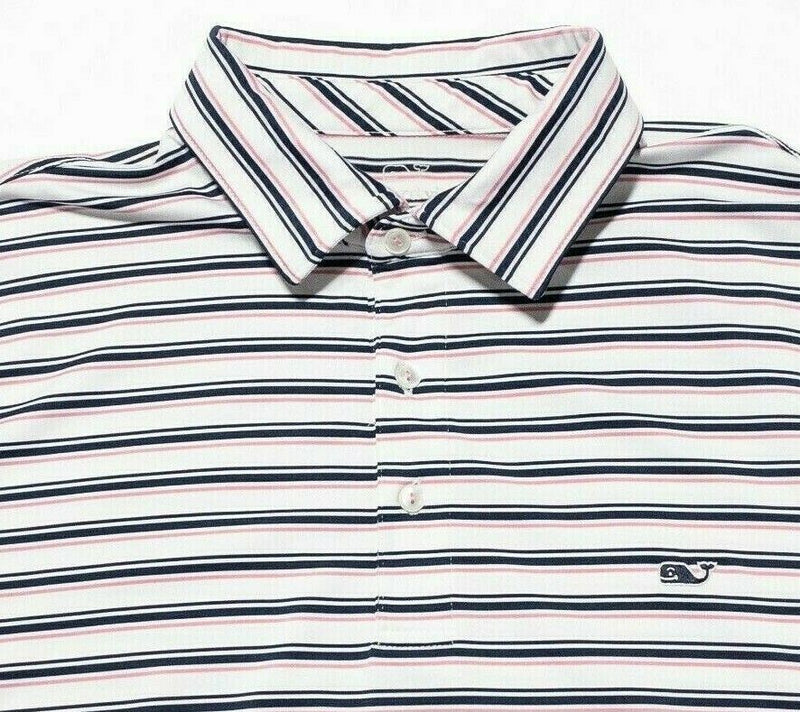 Vineyard Vines Performance Polo Large Men Polo Wicking White Pink Striped Whale