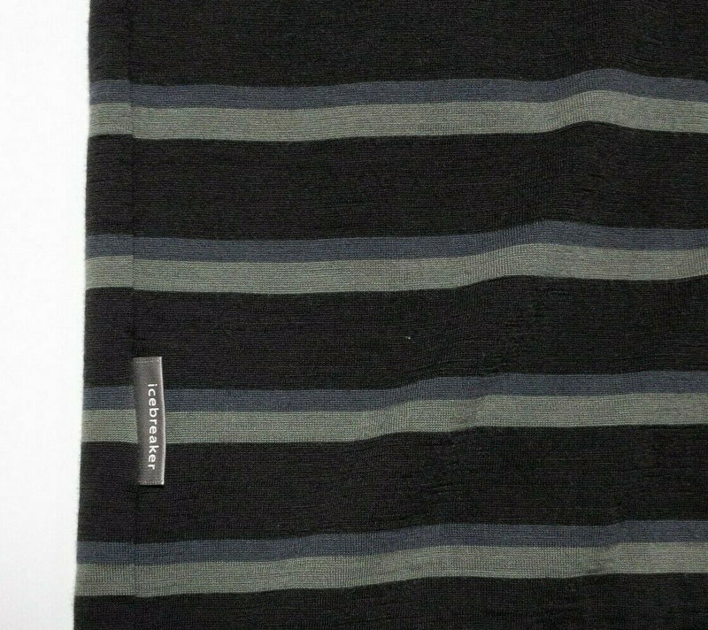 Icebreaker Merino Polo Men's Large Superfinelite 200 Black Green Striped Shirt