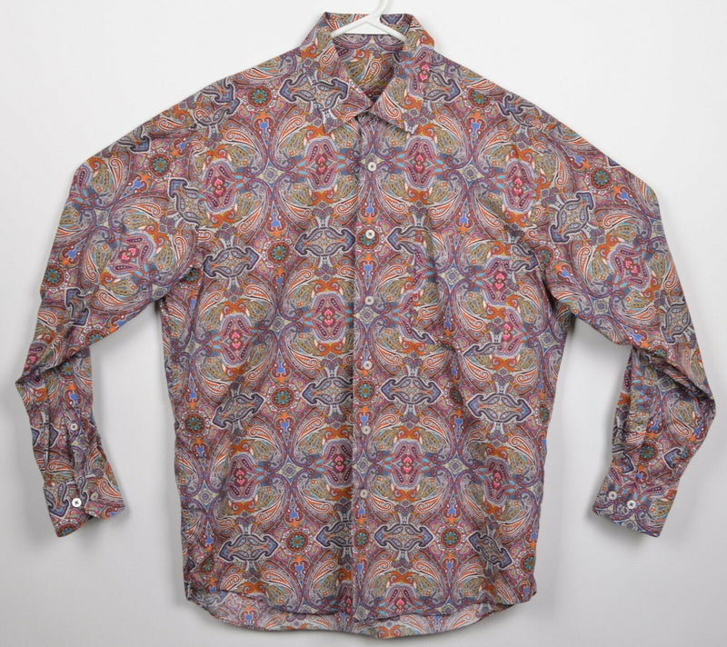 Alan Flusser Men's Medium Paisley Multi-Color Red Orange Pink Button-Front Shirt