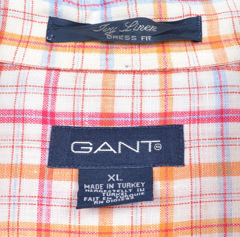 GANT Men's XL 100% Linen Pink Orange Plaid Ivy Linen Button-Down Shirt