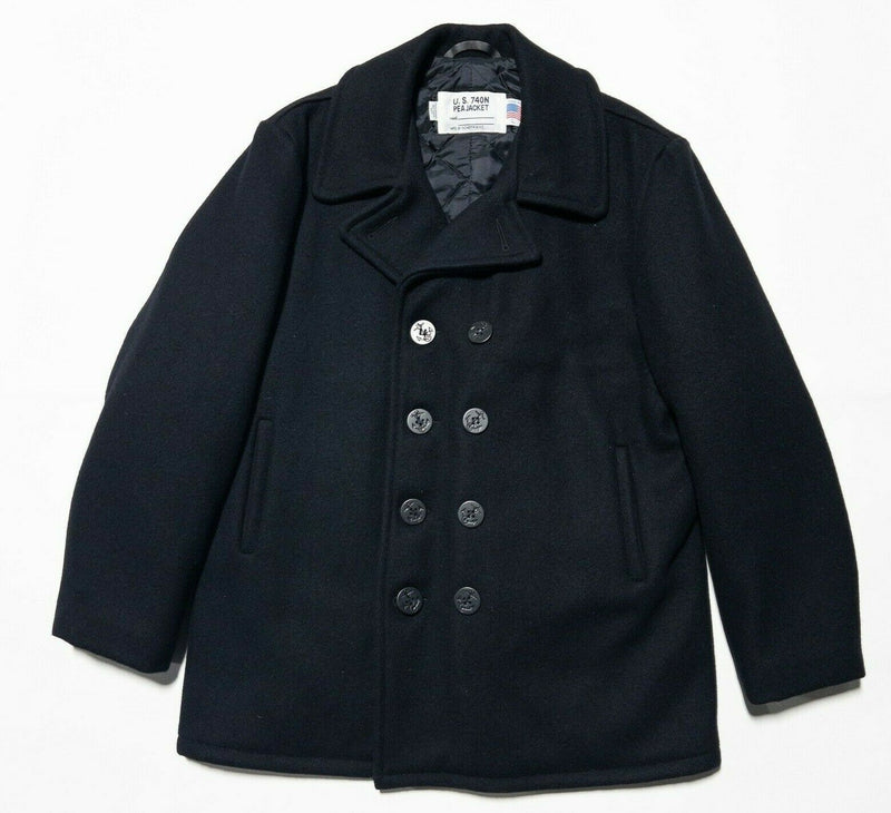 Schott Men's Large US 740N Pea Jacket Black Wool Lined Double-Breasted Coat