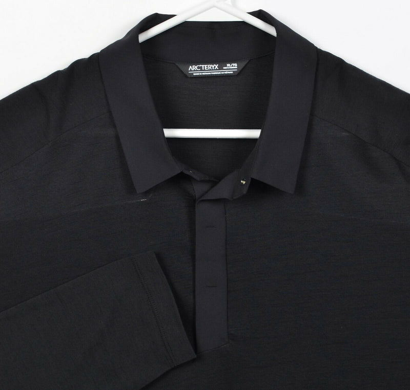 Arc'teryx Men XL Solid Black Snap Collar Merino Wool A2B Long-Sleeve Polo Shirt