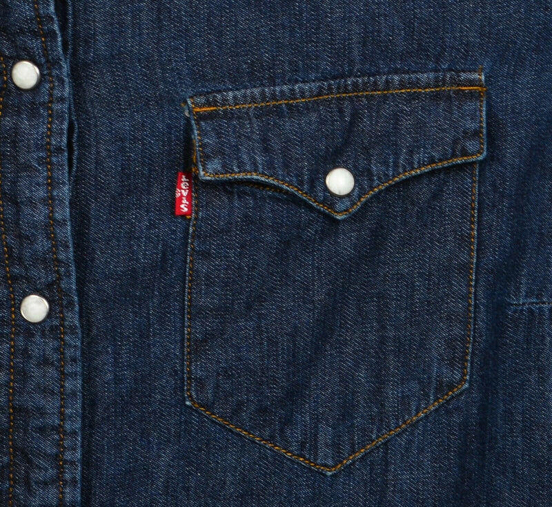 Levis Women's Large Pearl Snap Denim Indigo Blue Red Tab Icons Reinvented Shirt