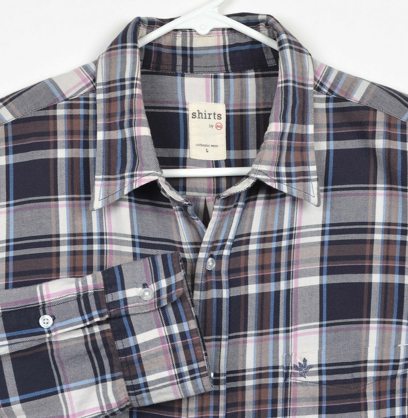 AG Adriano Goldschmied Men's Sz Large Shirts by AG Gray Pink Plaid Flannel Shirt