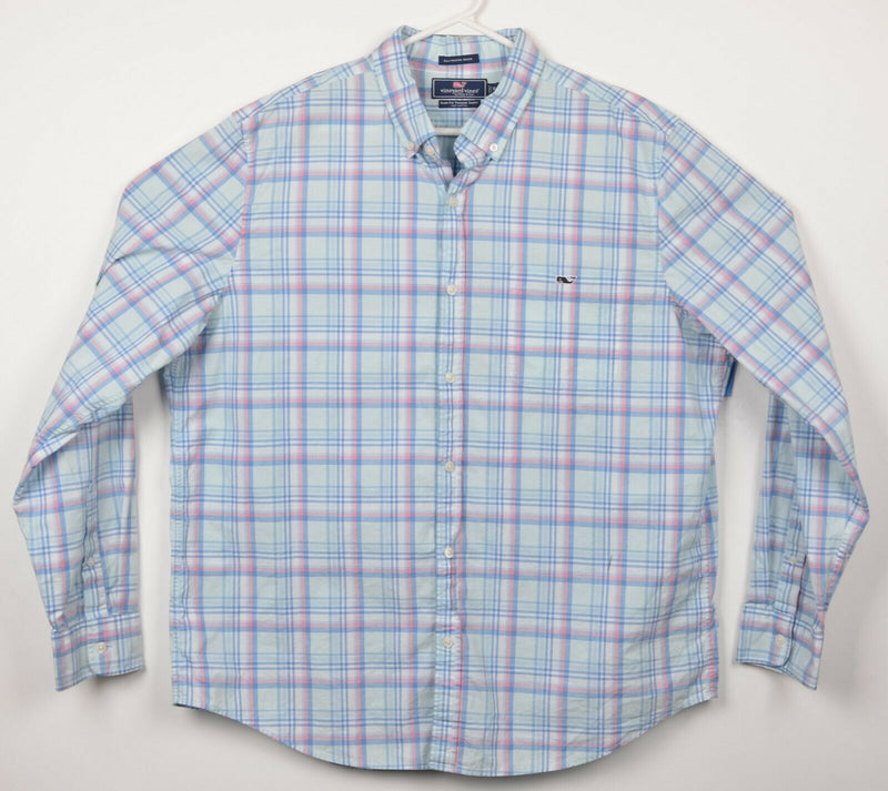 Vineyard Vines Men XL Slim Fit Tucker Shirt Saltwater Wash Blue Pink Plaid Shirt