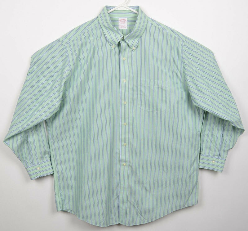 Brooks Brothers Men's 17.5 Non-Iron Green Blue Striped Button-Down Dress Shirt