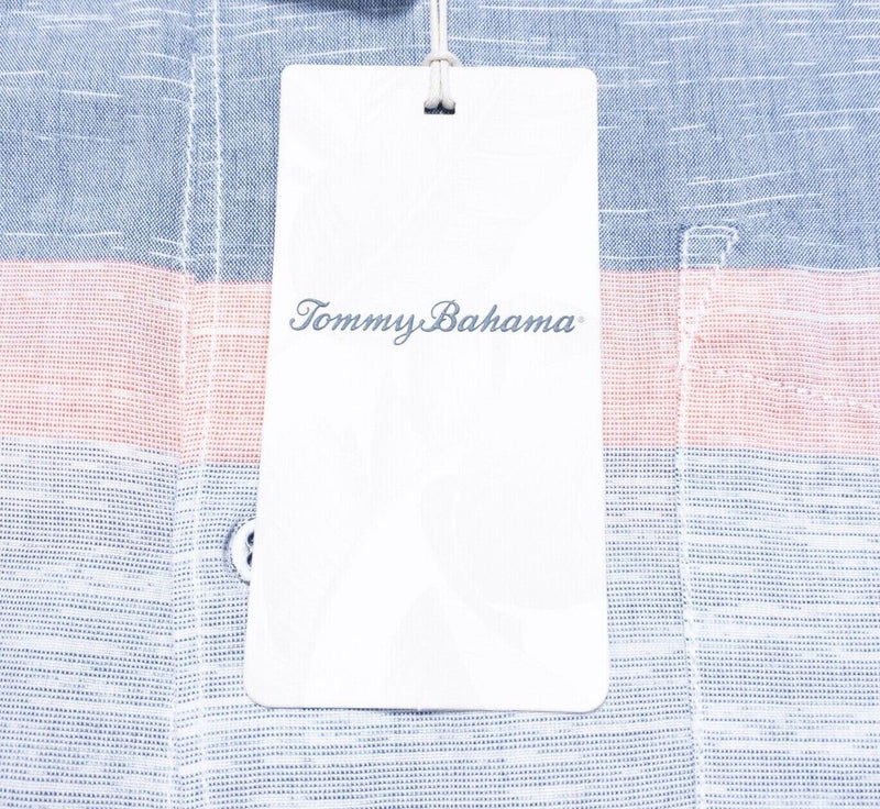 Tommy Bahama Camp Shirt Large Men's Oceana Stripe Blue White Hawaiian Aloha