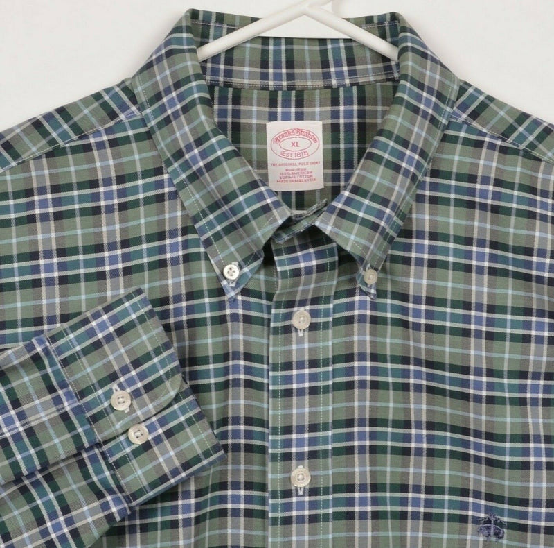 Brooks Brothers Men's XL Non-Iron Green Blue Plaid Logo Button-Down Shirt