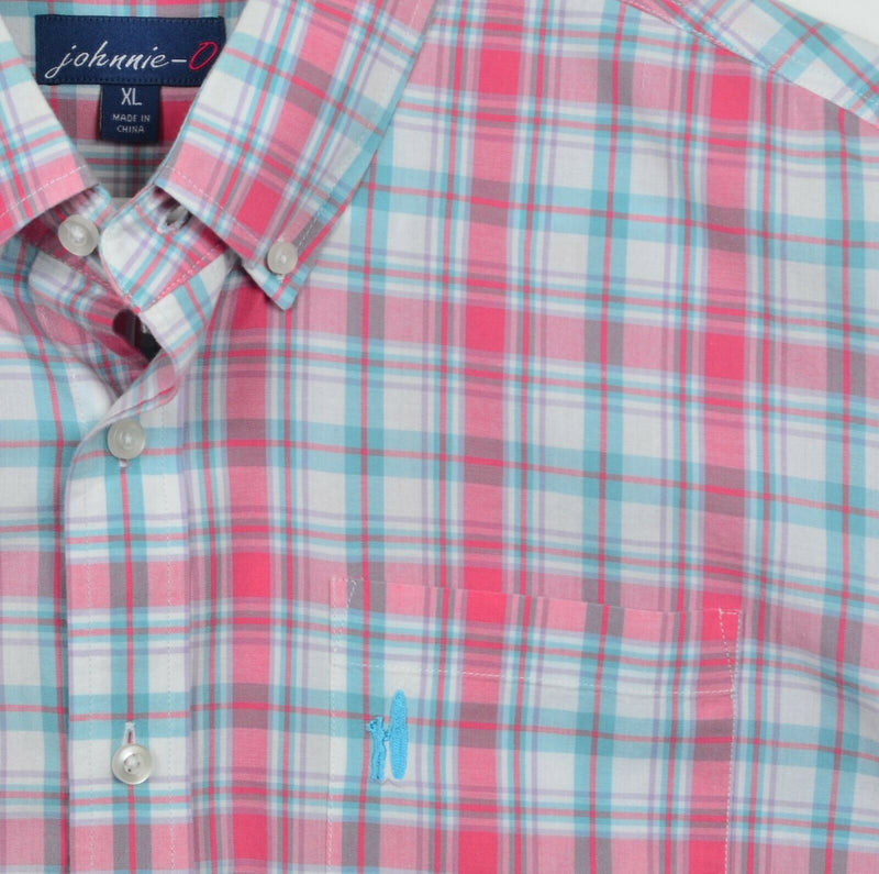 Johnnie-O Men's Sz XL Pink Turquoise Blue Plaid Surfer Logo Button-Down Shirt