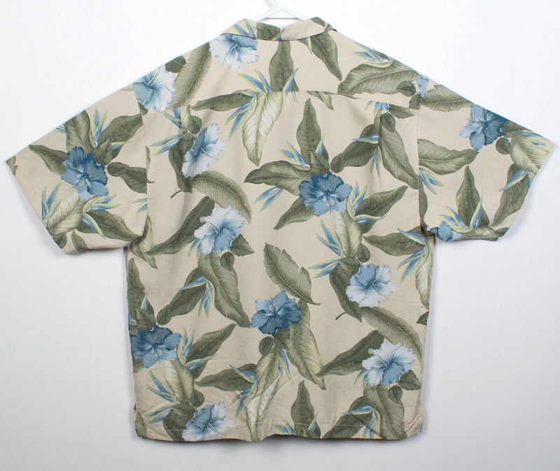 Tommy Bahama Men's Large 100% Silk Green Blue Floral Hibiscus Hawaiian Shirt