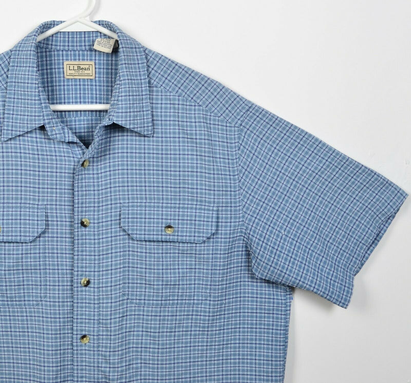 L.L. Bean Men's Large Seersucker Blue Plaid Short Sleeve Button-Front Shirt