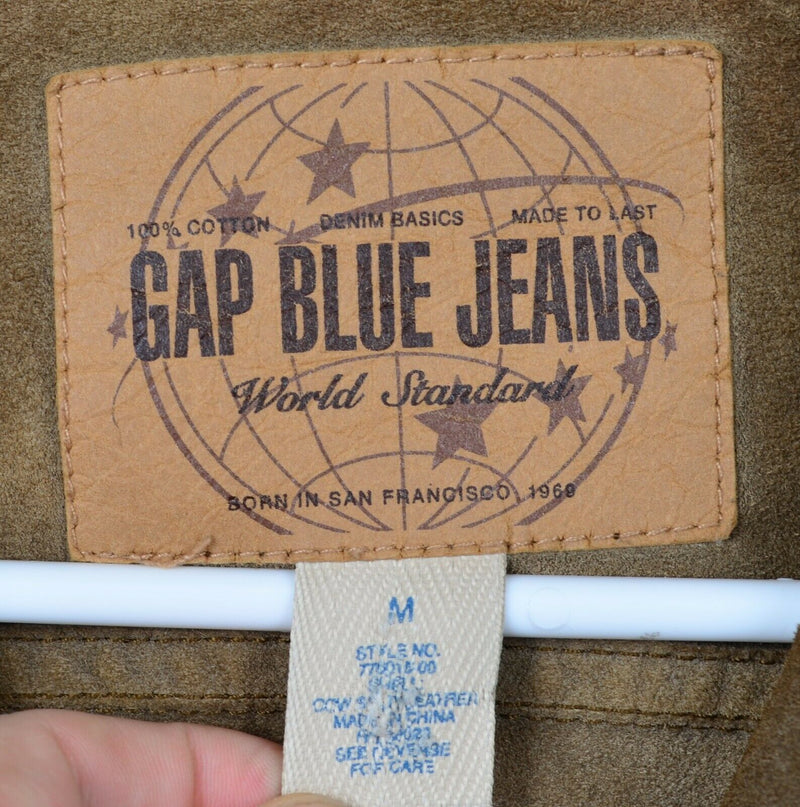 Gap World Blue Jeans Men's Medium Suede Leather Brown Trucker Jacket