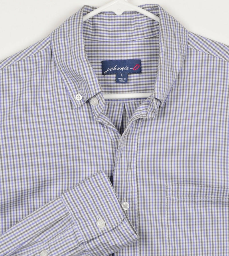 Johnnie-O Men's Sz Large Purple Gray Plaid Check Long Sleeve Pocket Shirt