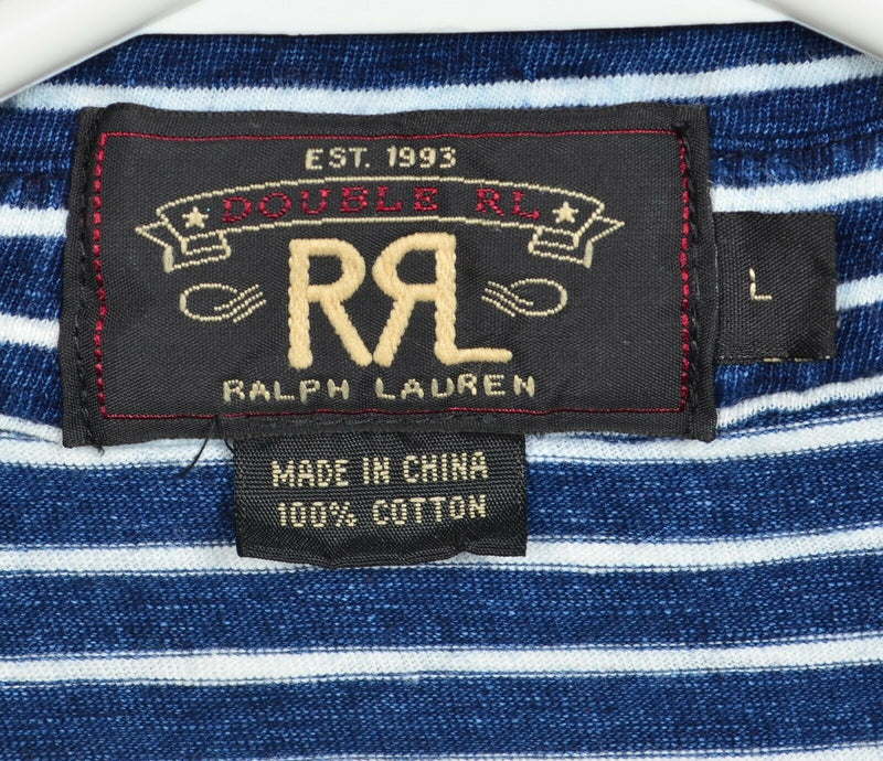 RRL Ralph Lauren Men's Large Blue Indigo Striped Double RL Polo Shirt