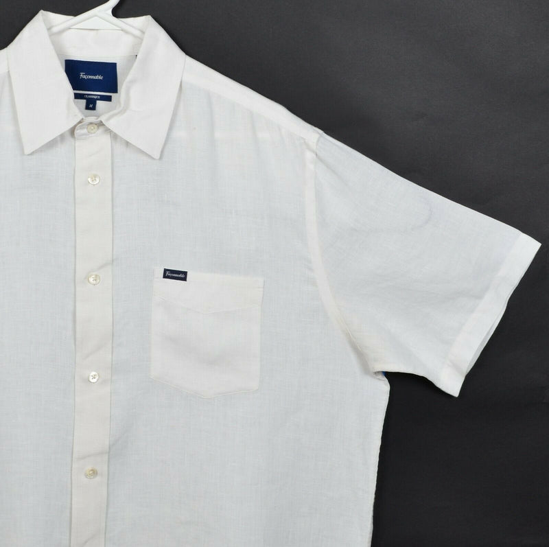 Faconnable Men's Medium 100% Linen Solid White Classique Button-Front Shirt