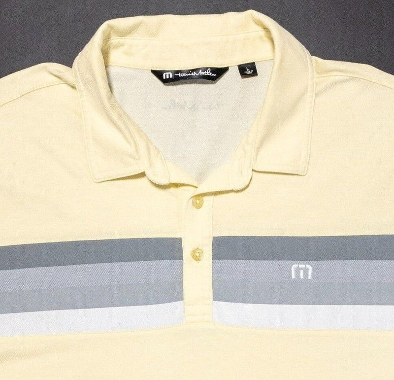 Travis Mathew Golf Polo Large Men's Wicking Light Yellow Gray Chest Stripe