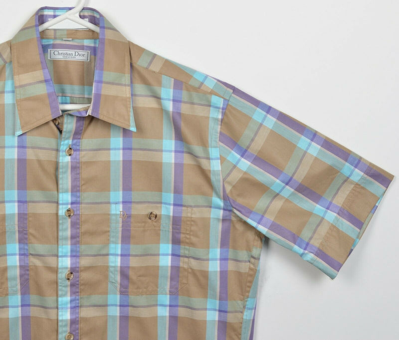 Vintage 80s Christian Dior Chemise Men's Medium Brown Purple Aqua Plaid Shirt