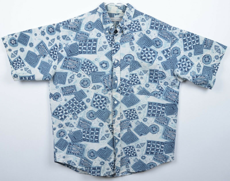 Vtg 90s Bugle Boy Men's Sz Large? Blue Geometric Short Sleeve Button-Down Shirt