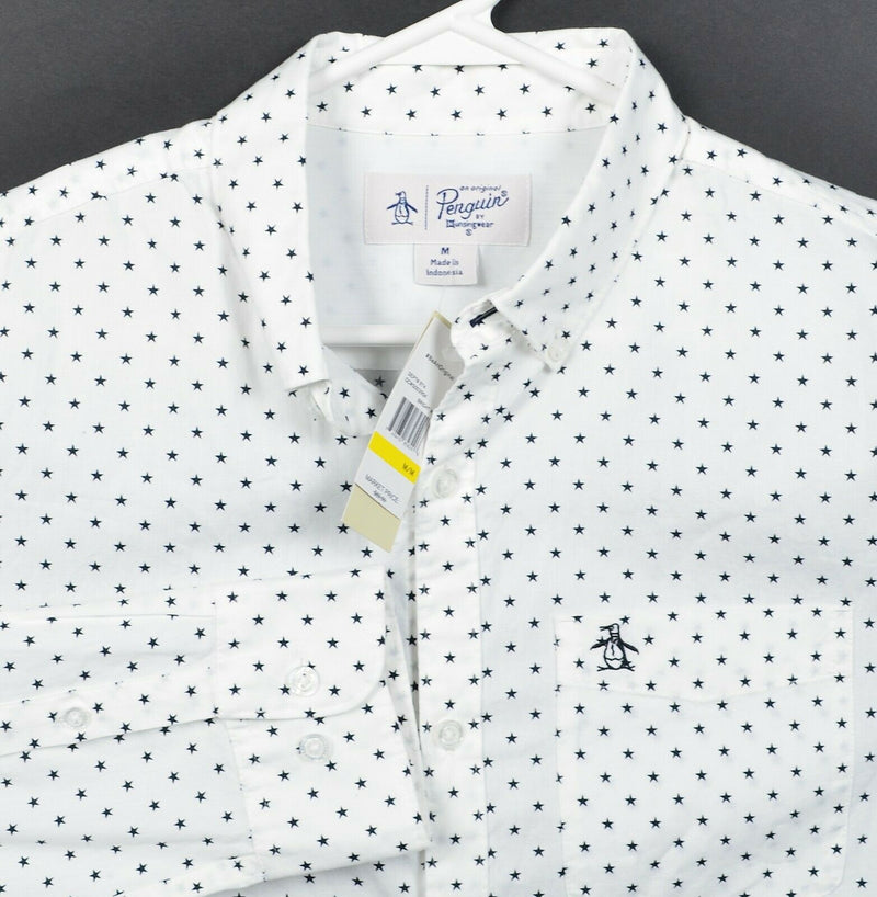 Penguin Men's Medium Polka Dot Star Pattern White Long Sleeve Button-Front Shirt