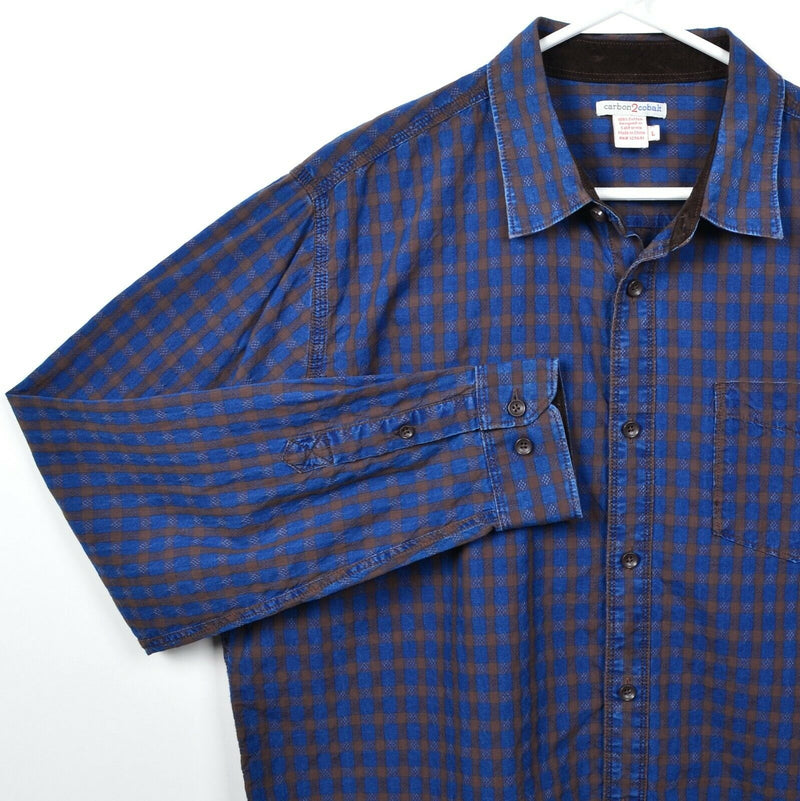 Carbon 2 Cobalt Men's Large Blue Brown Check Corduroy Accent Button-Front Shirt