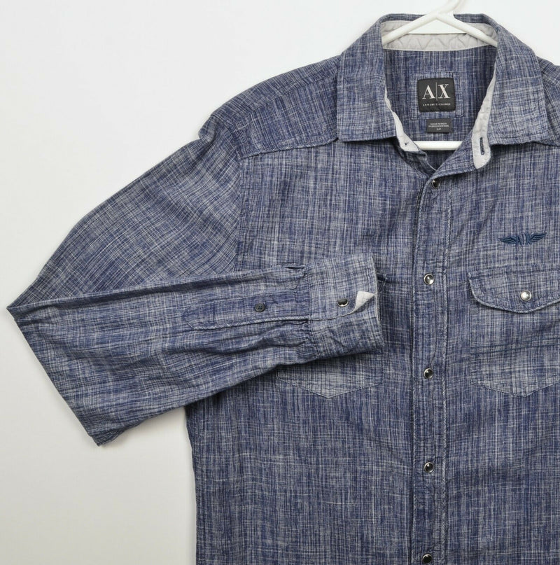 Armani Exchange Men's Small Pearl Snap Logo Blue Designer Long Sleeve Shirt