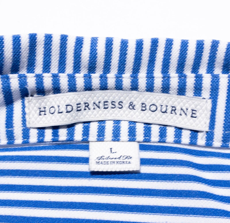 Holderness & Bourne Polo Shirt Mens Large Tailored Fit Golf Blue Striped Wicking